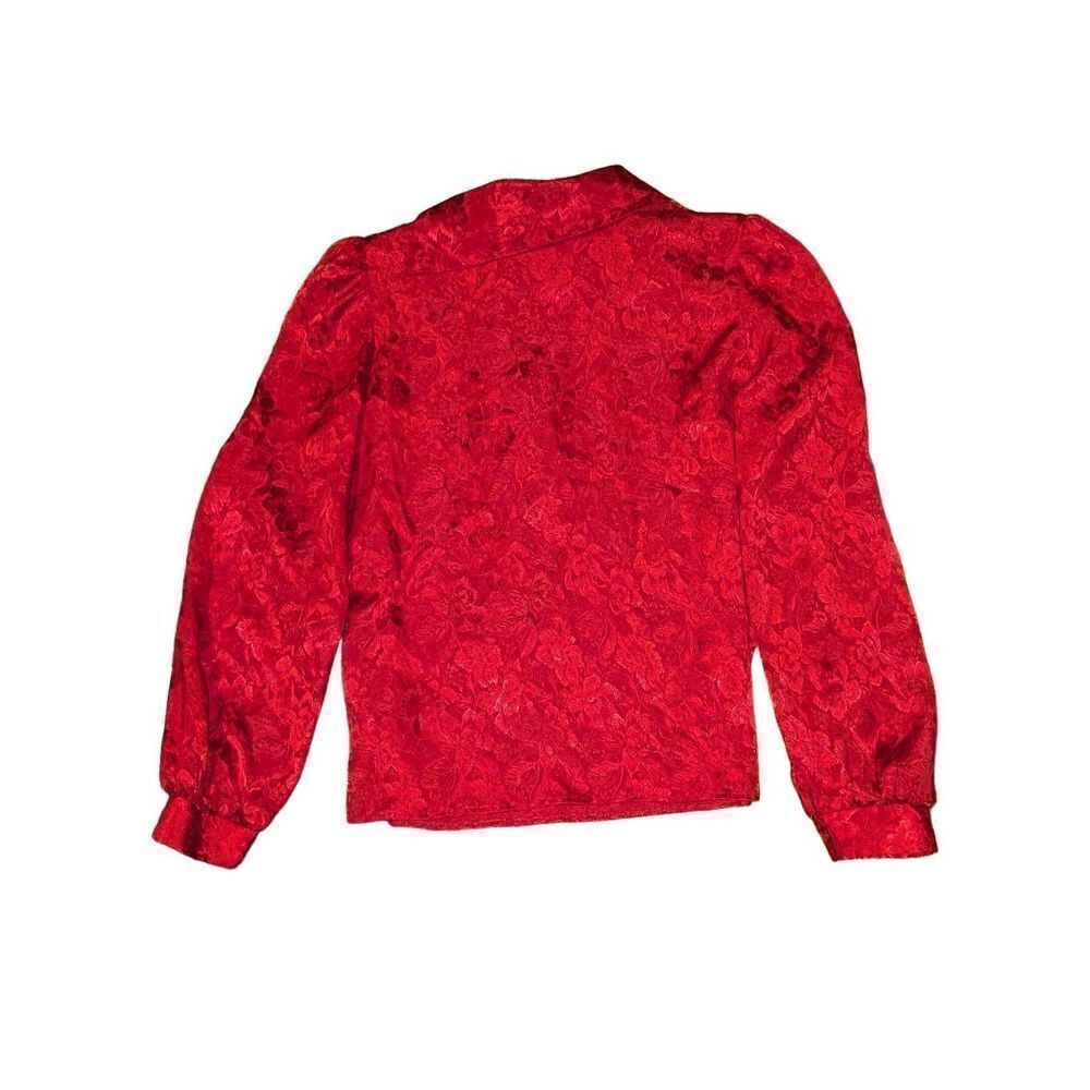 Vintage 80s Red Floral Asymmetrical Collar Blouse
